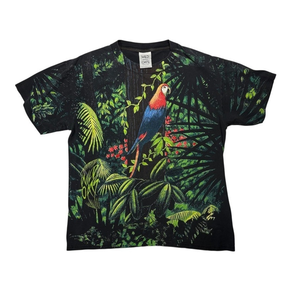 Vintage 90s Wild Oats Jungle Scene Parrots AOP T Shirt Mens Large Made in USA